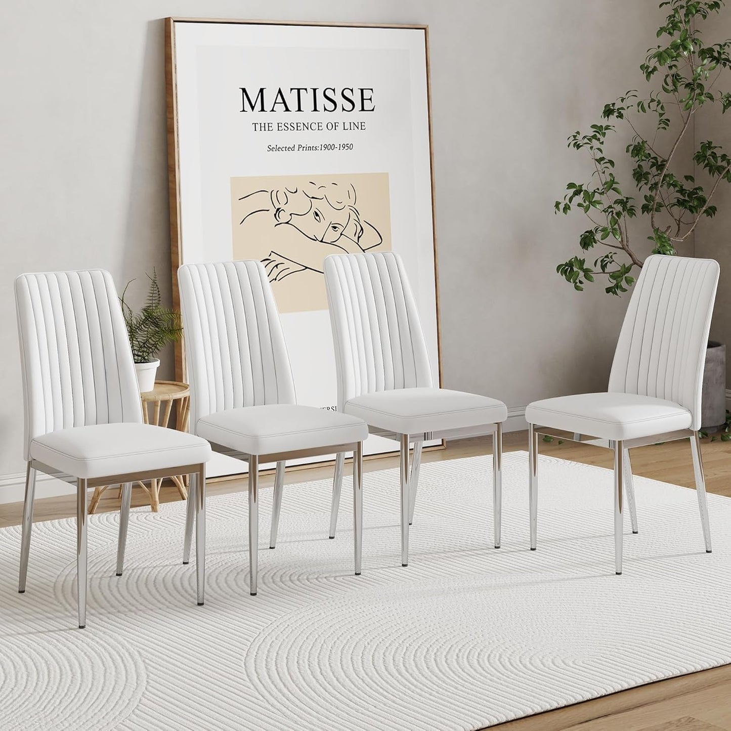 White Leather Chair, Modern Dining Chair Set of 4 with PU Leather and