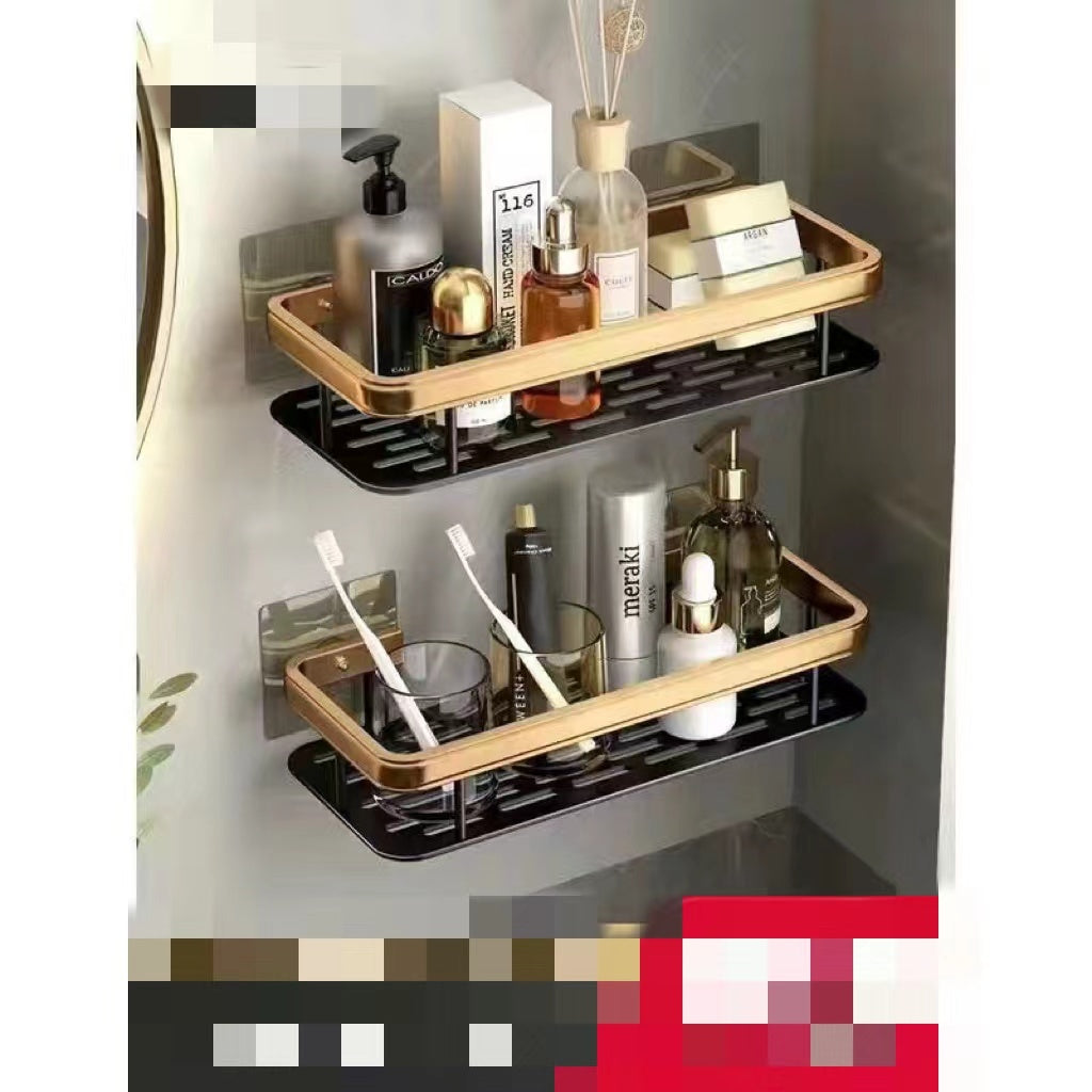 Bathroom Perforated Triangle Suction Cup Tripod Black Gold Rectangular Shelving