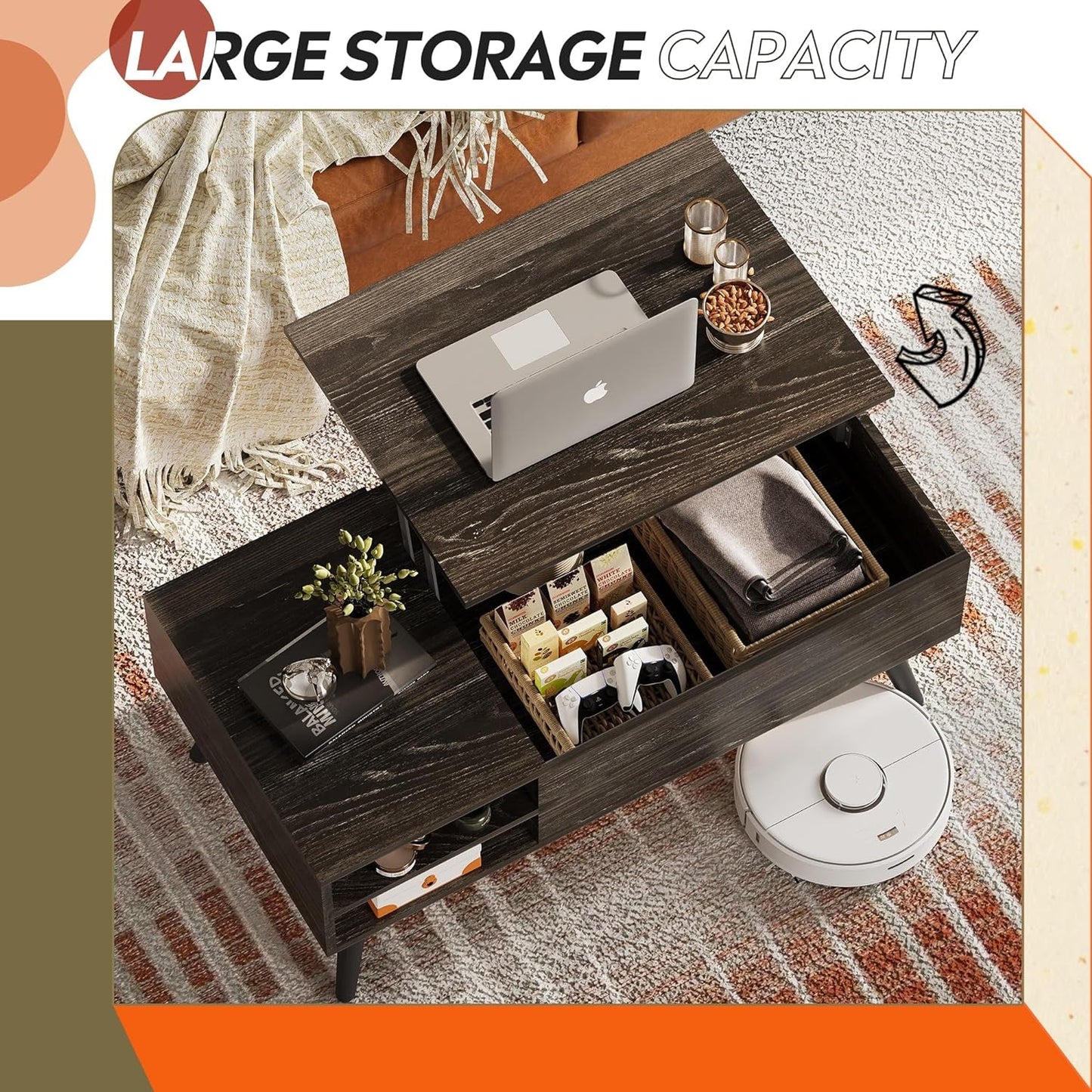 Wood Lift Top Coffee Table with Hidden Compartment and Adjustable