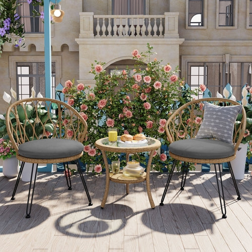 Outdoor Leisure Set, 2 Rattan Single Chairs with A Glass Round Table,