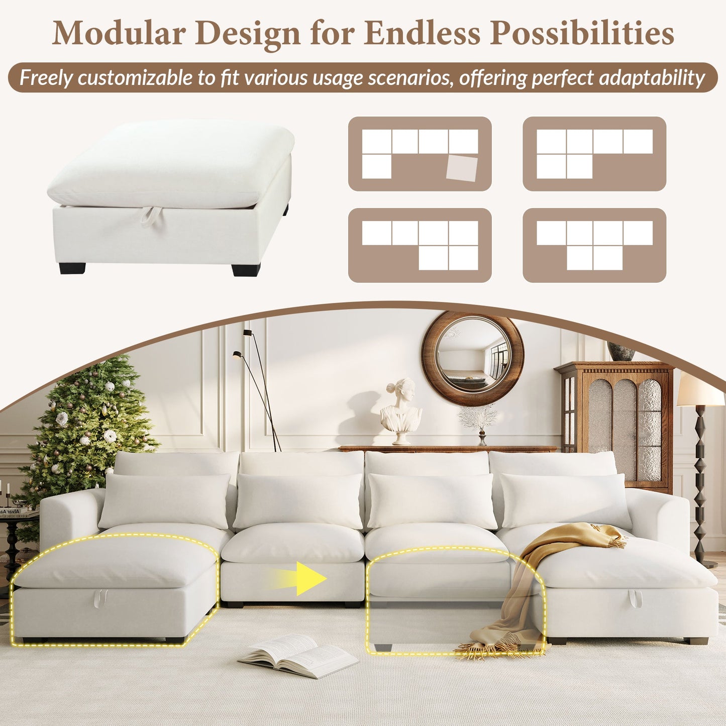U-shaped Freely Transformable Modular Corner Sofa with Two Ottomans,
