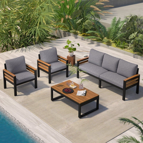 4-Piece Outdoor Furniture Sofa Set for 5 People with Acacia Wood