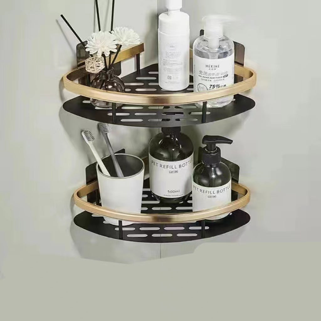 Bathroom Perforated Triangle Suction Cup Tripod Black Gold Rectangular Shelving