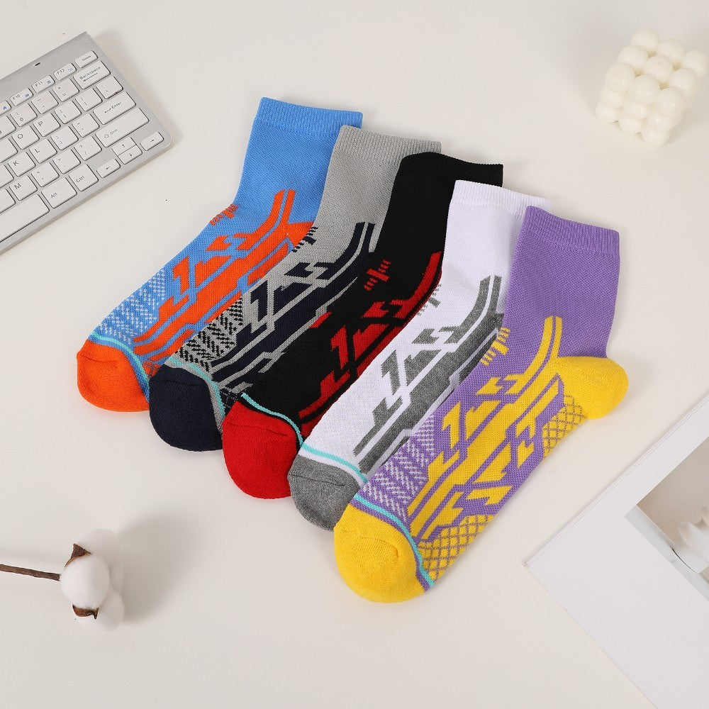 5 Pairs Of Mixed Mid-calf Sports Socks With Breathable Terrycloth Bottoms For Cushioning, Men's Ankle Socks With Arch Support.