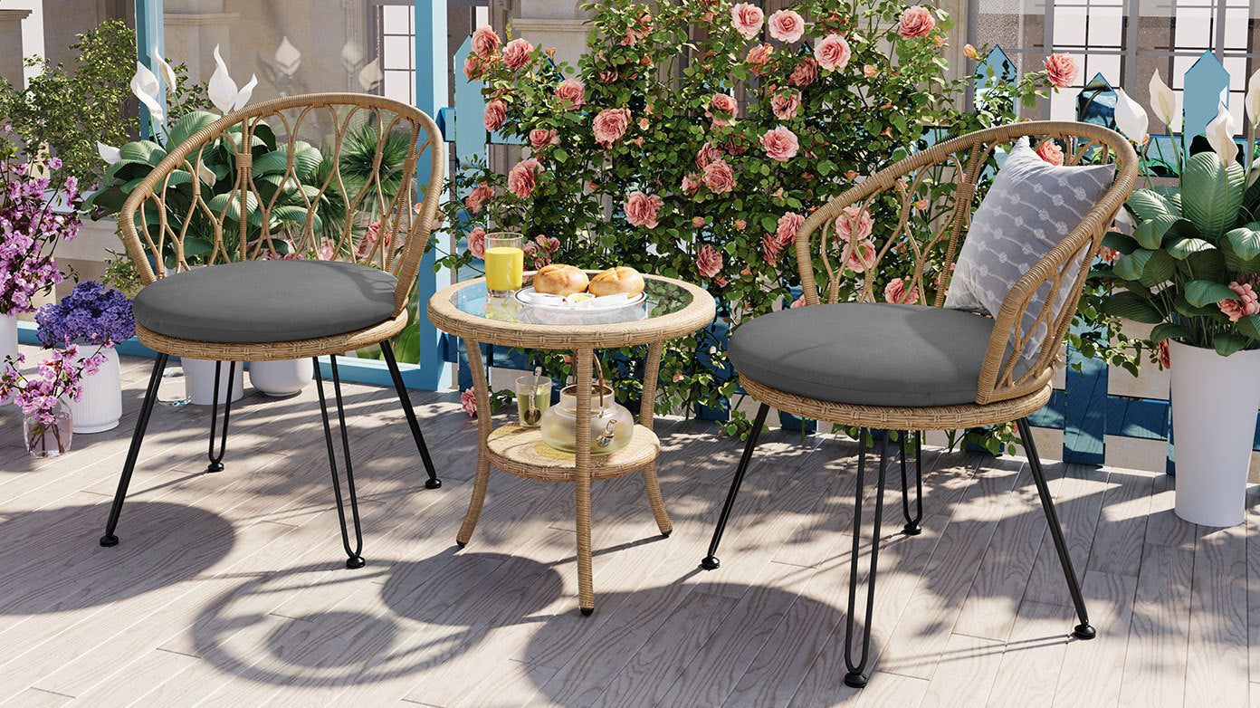 Outdoor Leisure Set, 2 Rattan Single Chairs with A Glass Round Table,
