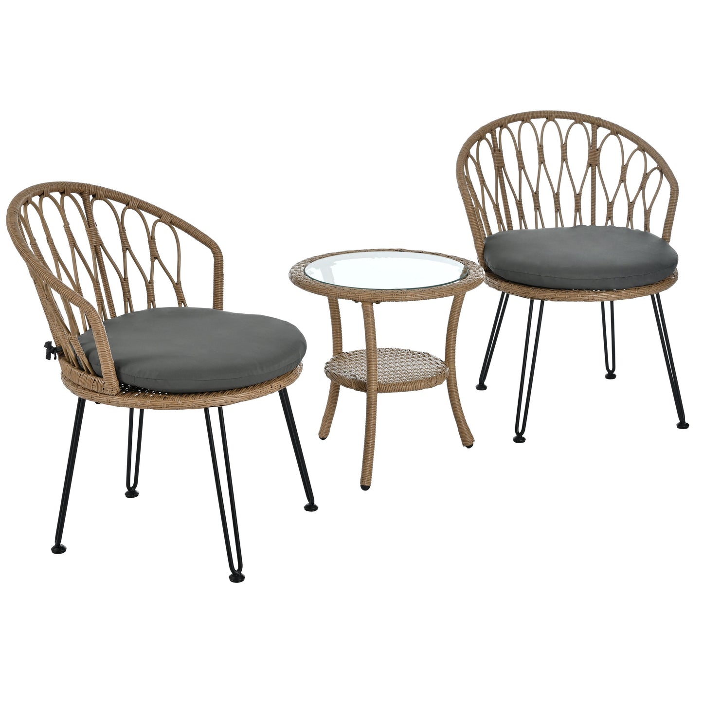 Outdoor Leisure Set, 2 Rattan Single Chairs with A Glass Round Table,
