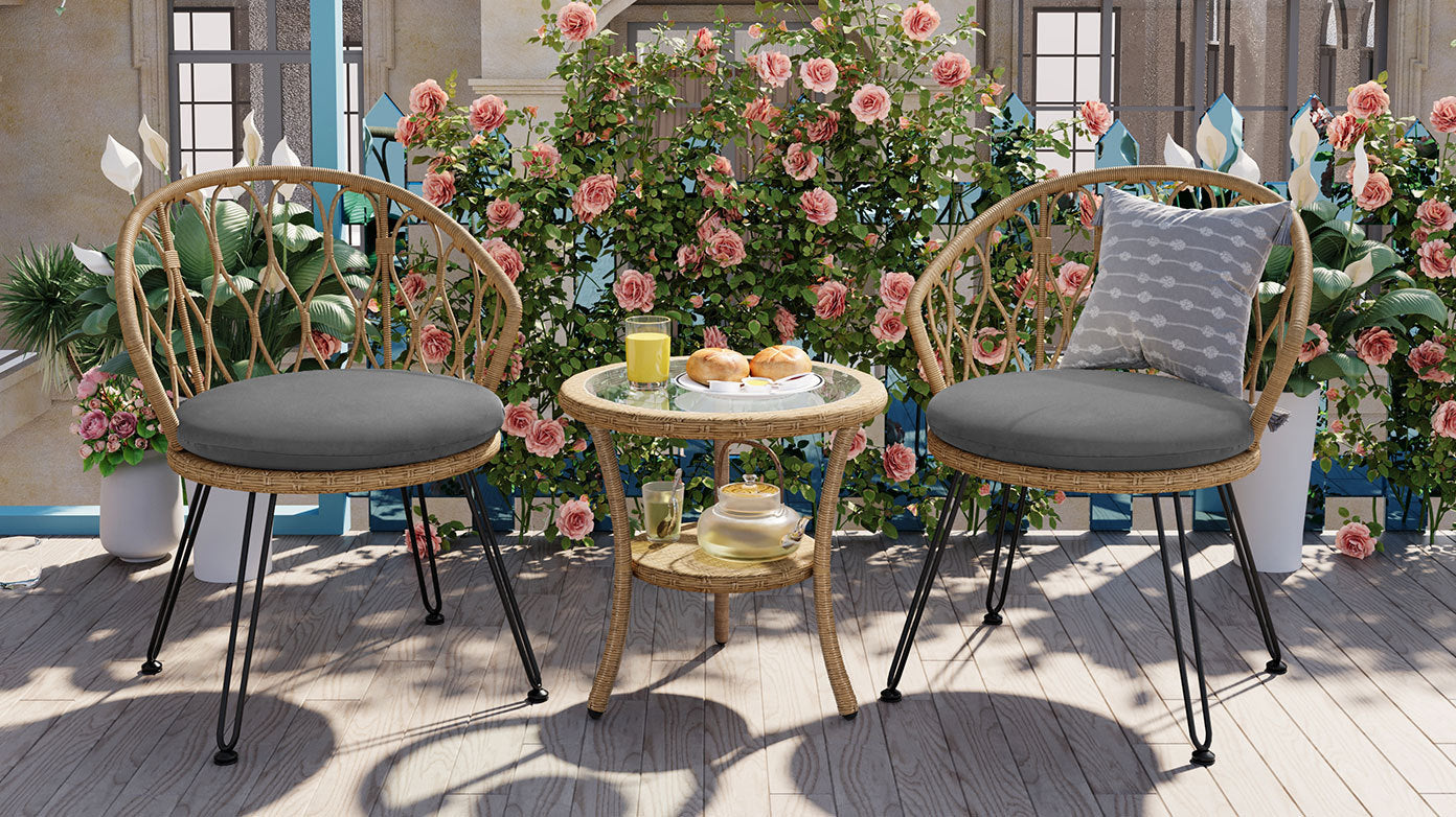 Outdoor Leisure Set, 2 Rattan Single Chairs with A Glass Round Table,