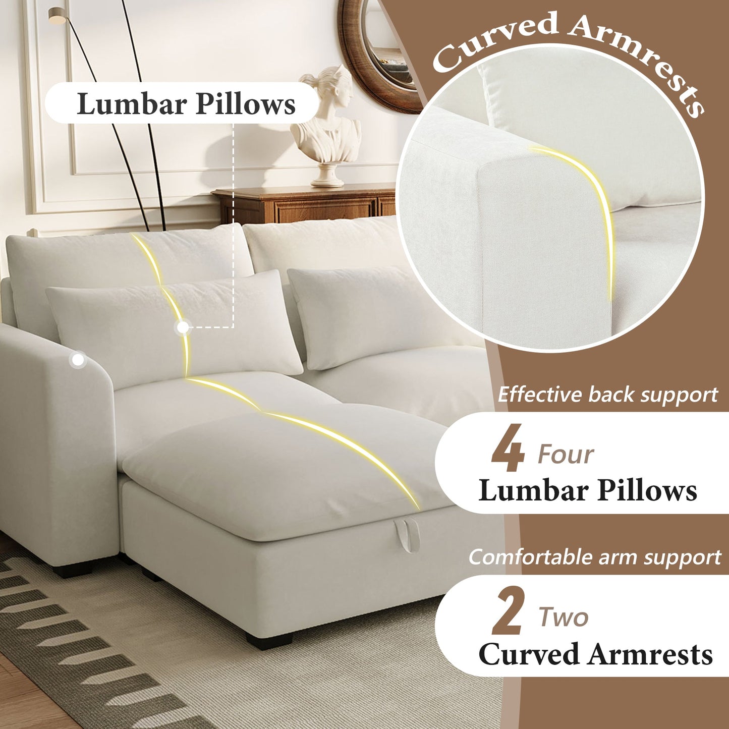 U-shaped Freely Transformable Modular Corner Sofa with Two Ottomans,
