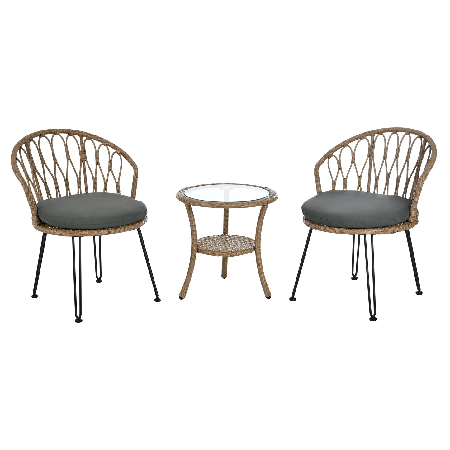 Outdoor Leisure Set, 2 Rattan Single Chairs with A Glass Round Table,