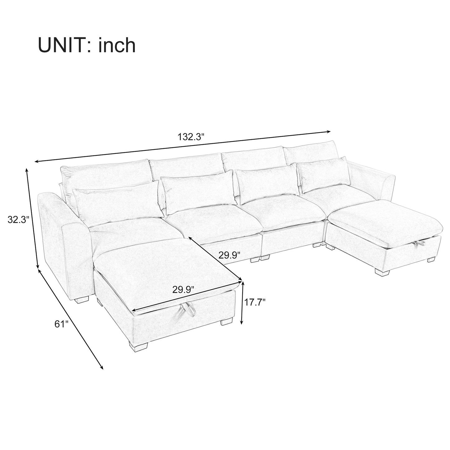 U-shaped Freely Transformable Modular Corner Sofa with Two Ottomans,