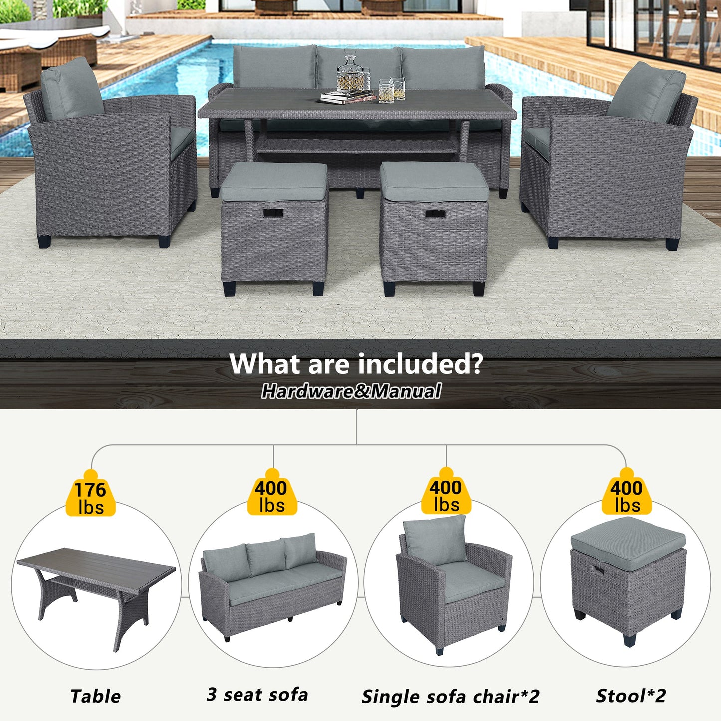 6-Piece Outdoor Rattan Wicker Set Patio Garden Backyard Sofa, Chair,