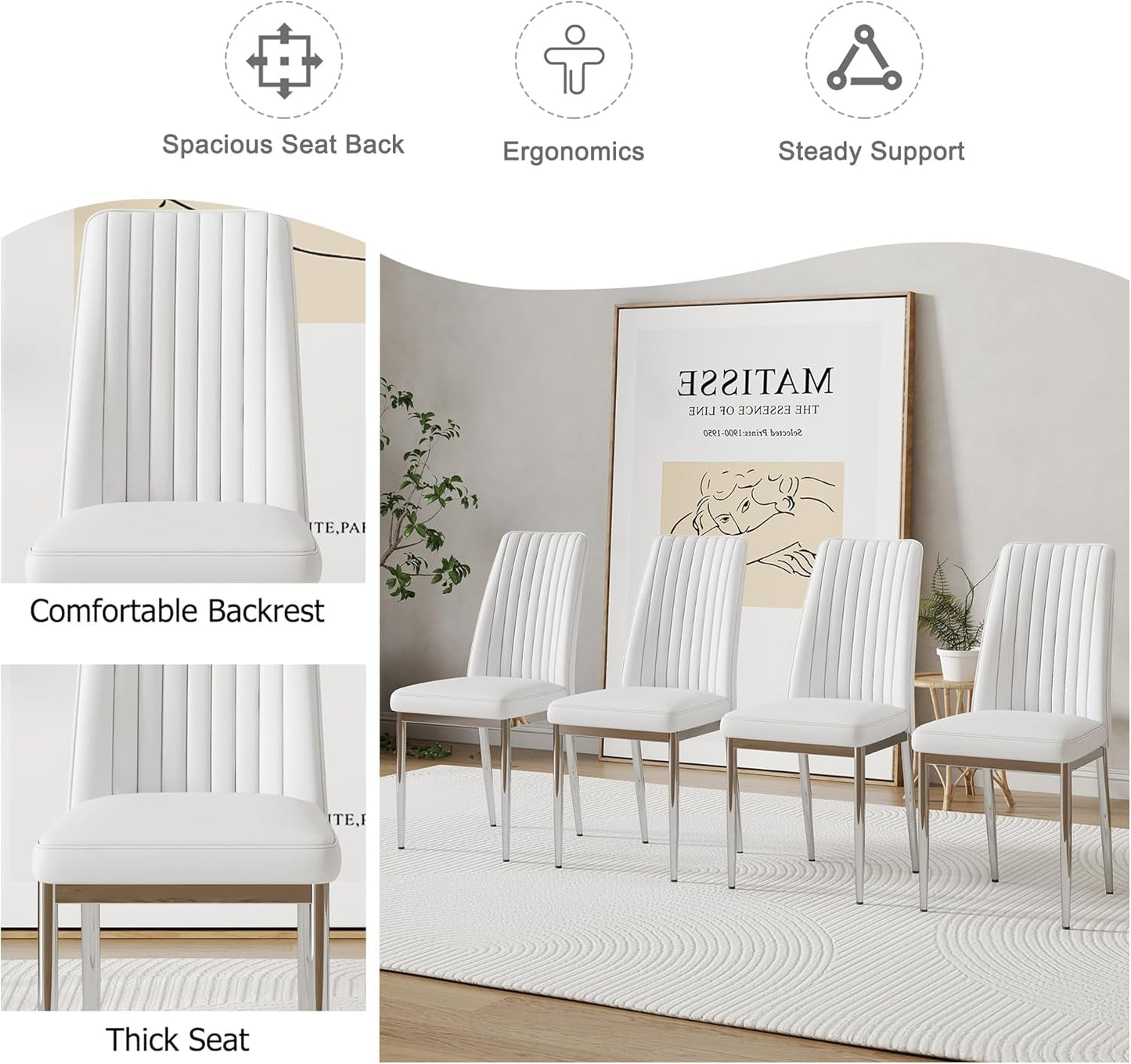 White Leather Chair, Modern Dining Chair Set of 4 with PU Leather and