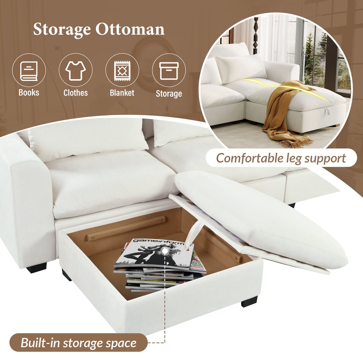 U-shaped Freely Transformable Modular Corner Sofa with Two Ottomans,