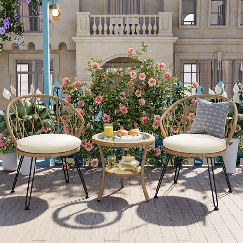 Outdoor Leisure Set, 2 Rattan Single Chairs with A Glass Round Table,