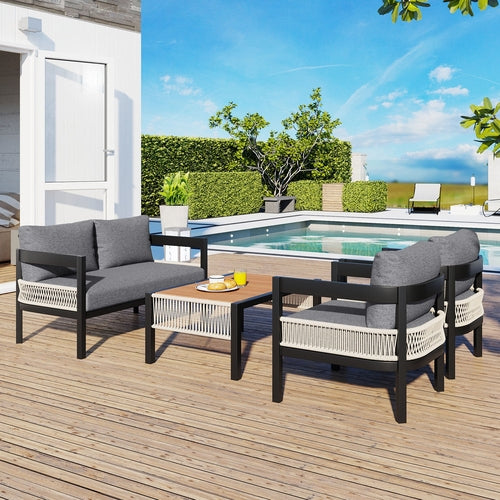 Multi-person Outdoor Iron Sofa Set with A table, Rattan Decoration,