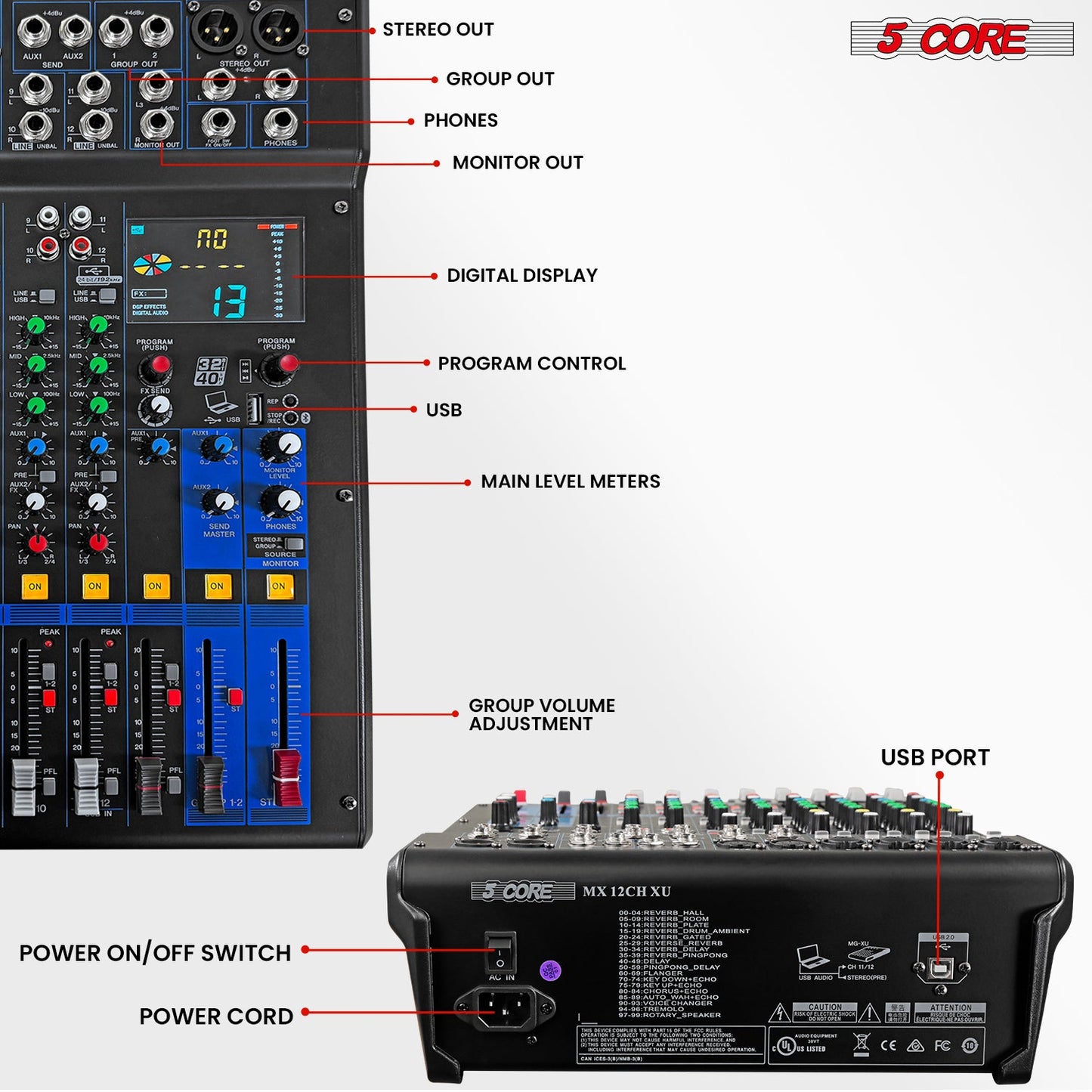 5Core Audio DJ Mixer 12 Channel Sound Board Console w 99 DSP Effect
