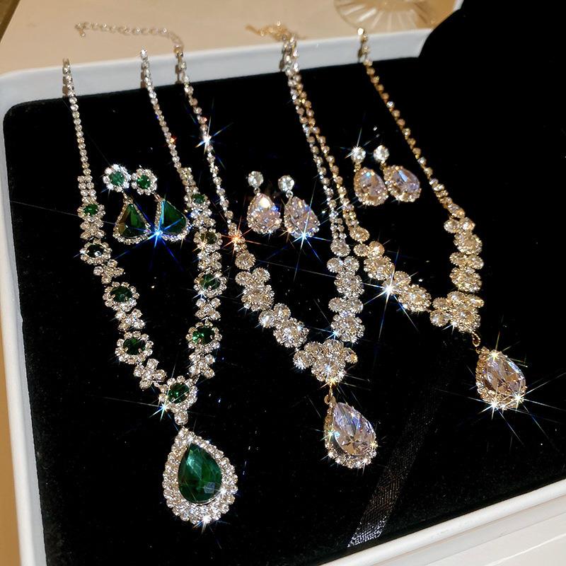 Water Drop Zircon Shining Diamond Formal Dress Accessories Earrings and Necklace Set Fancy Light Luxury Minority Necklace Clavicle Chain Female