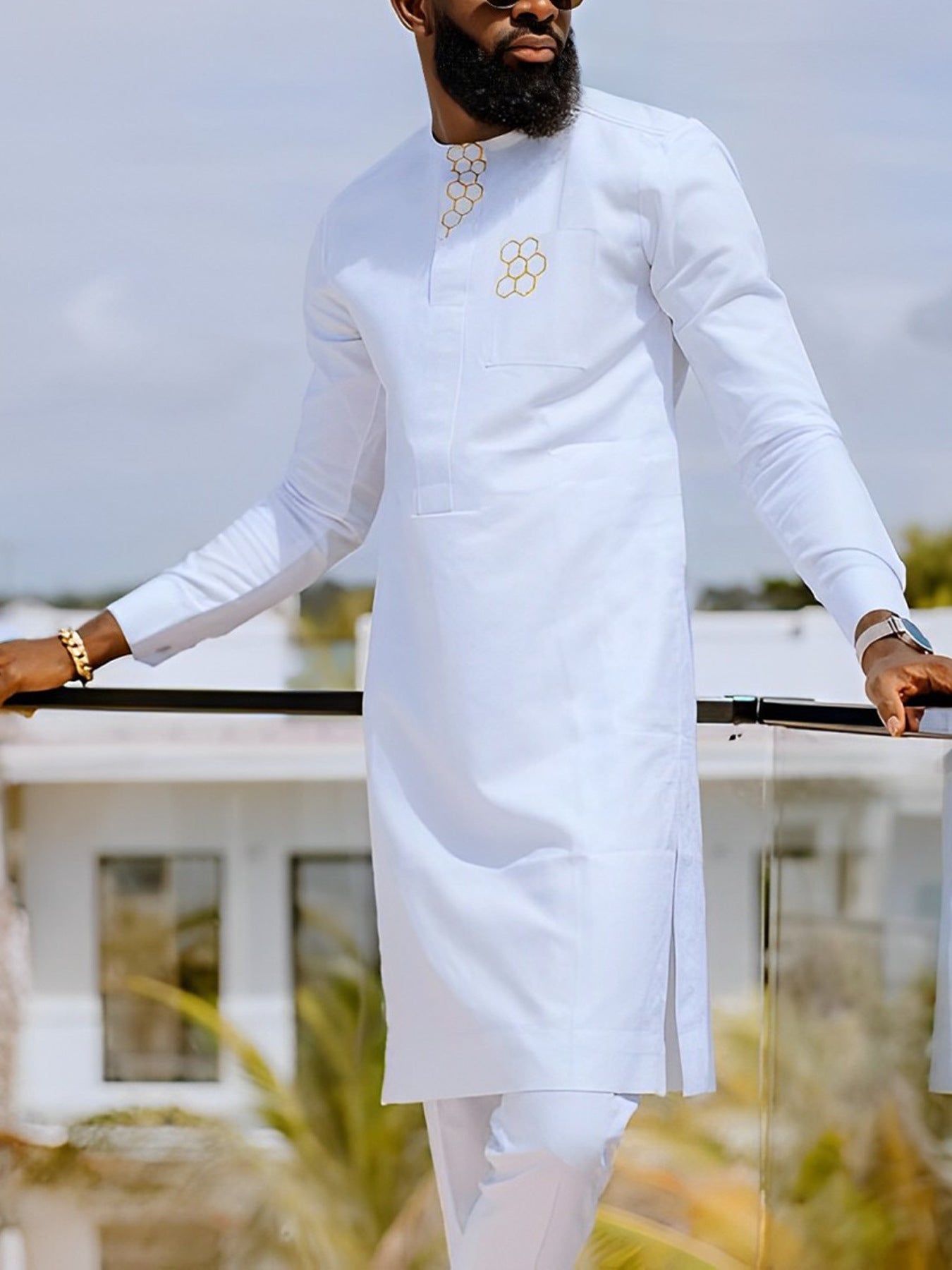 African Men's Solid Color White Suit Dashiki Style