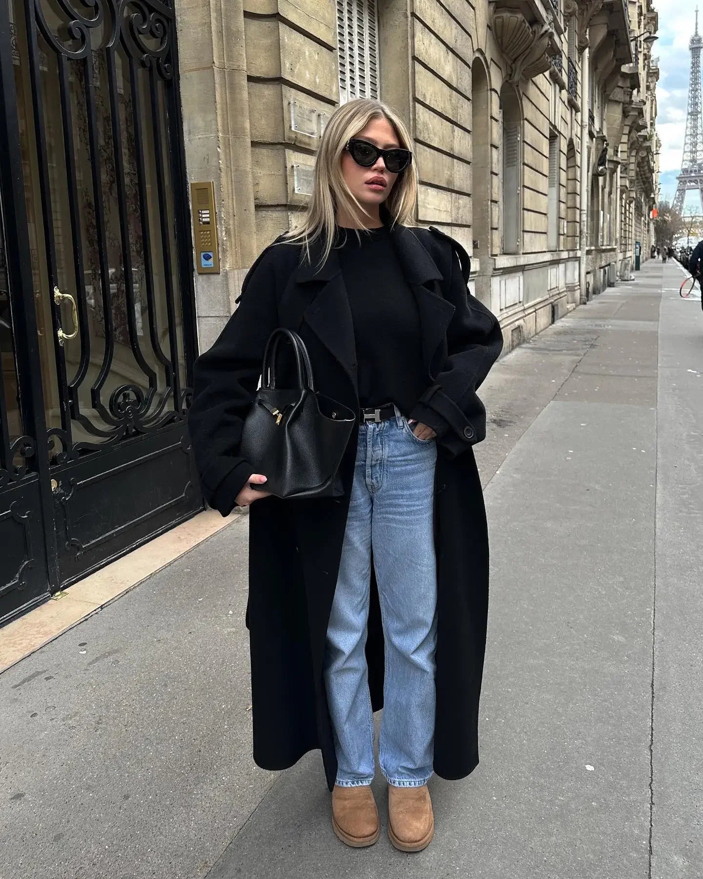 Women Oversize Loose Double Button Lapel Overcoat Fashion Black Woolen Long Coat With Belt Autumn New Street Female Outerwear