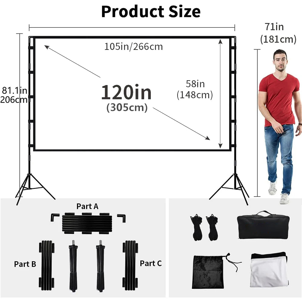 VEIDADZ Projector Screen With Stand Soft White Less Creases 60 84 100 120in With Carry Bag Foldable Double Tripod Screen Outdoor
