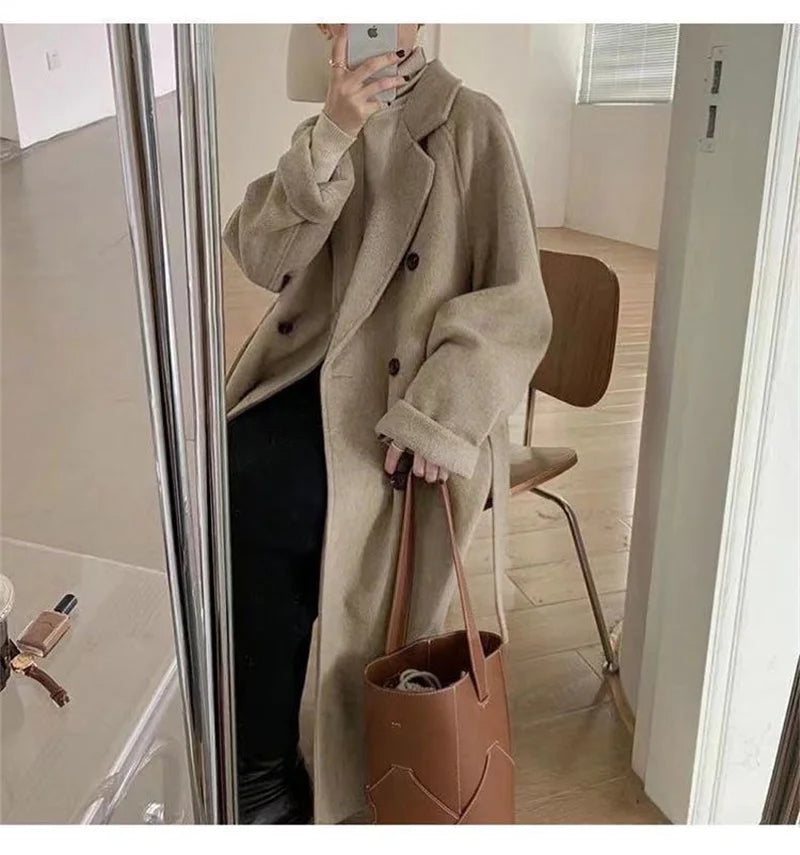 Winter Woolen Coat Women Thicken Long Jacket Casual Loose Fashion Windbreaker Outerwear Female Vintage Oversize Lapel Streetwear