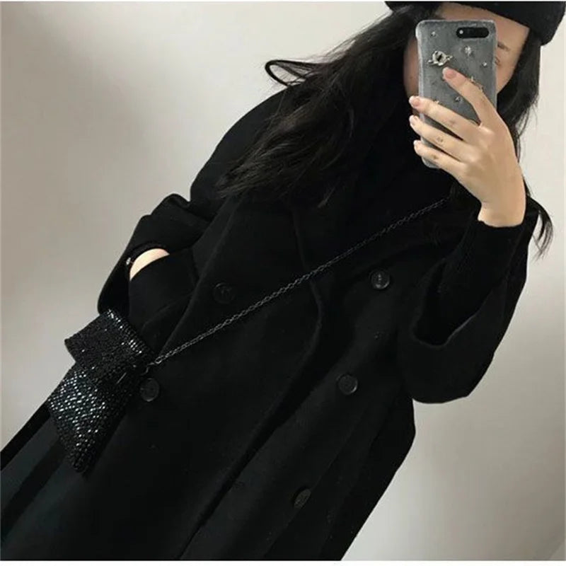 Winter Woolen Coat Women Thicken Long Jacket Casual Loose Fashion Windbreaker Outerwear Female Vintage Oversize Lapel Streetwear