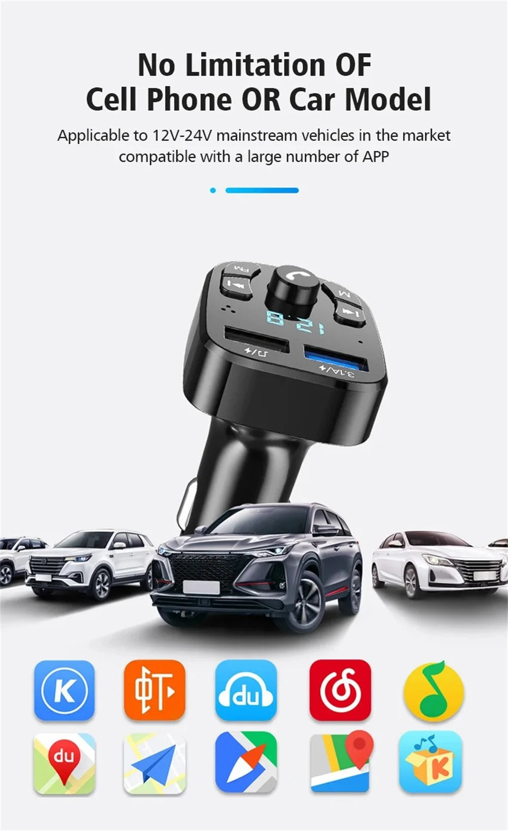 3.1A FM Transmitter Wireless Bluetooth 5.0 Car MP3 Player Dual USB Fast Charging Adapter in Car Noise Reduction Audio Receiver