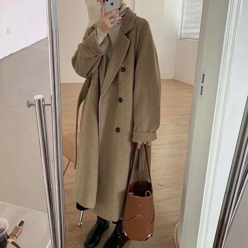 Winter Woolen Coat Women Thicken Long Jacket Casual Loose Fashion Windbreaker Outerwear Female Vintage Oversize Lapel Streetwear