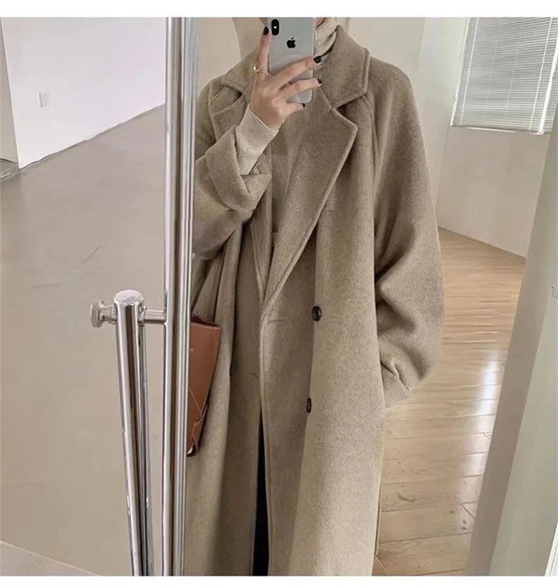 Winter Woolen Coat Women Thicken Long Jacket Casual Loose Fashion Windbreaker Outerwear Female Vintage Oversize Lapel Streetwear