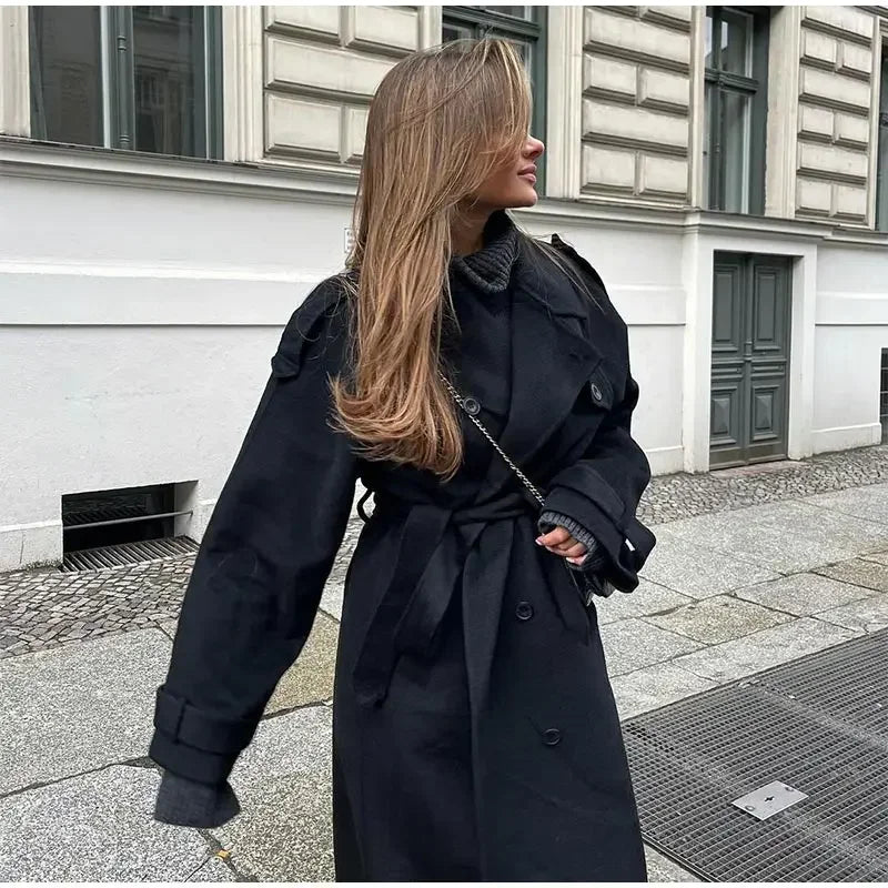 Women Oversize Loose Double Button Lapel Overcoat Fashion Black Woolen Long Coat With Belt Autumn New Street Female Outerwear