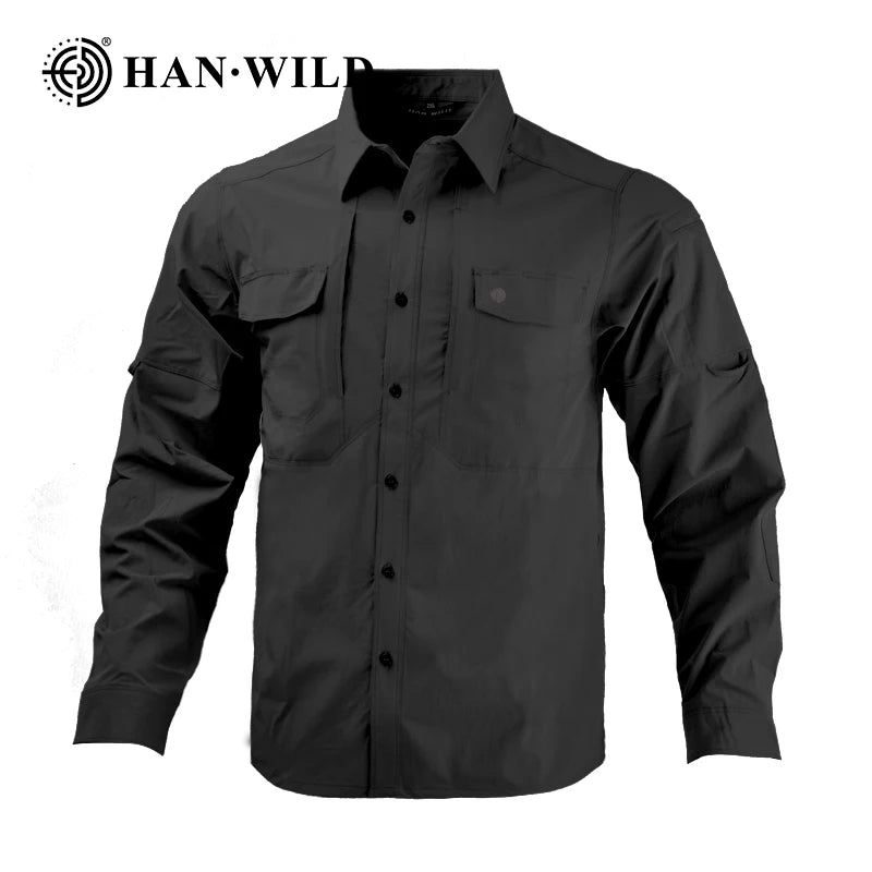 HAN WILD Summer Tactical Shirts Men's Breathable Long Sleeve Multi-Pockets Work Combat Cargo Shirts Quick Dry Camping Clothes