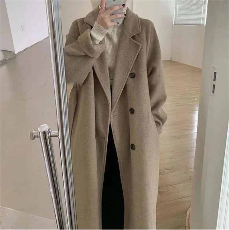 Winter Woolen Coat Women Thicken Long Jacket Casual Loose Fashion Windbreaker Outerwear Female Vintage Oversize Lapel Streetwear