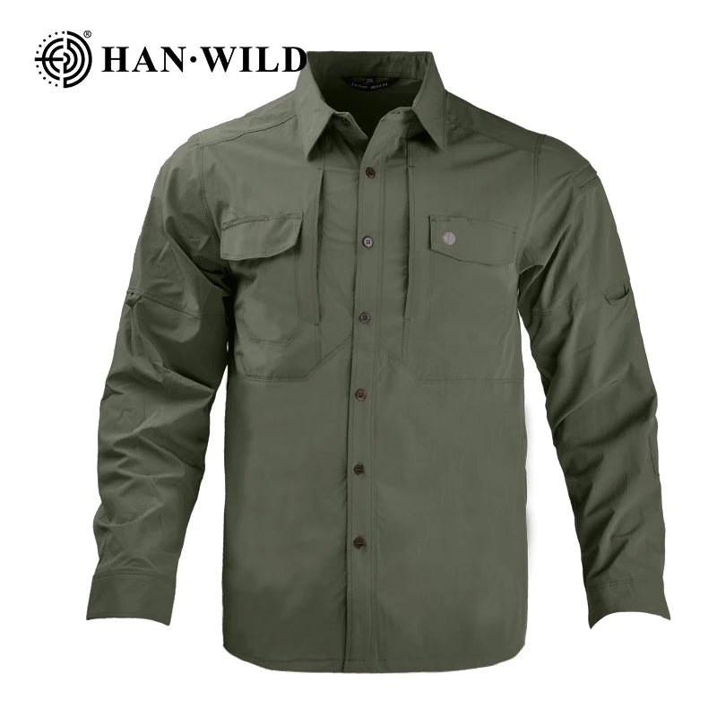 HAN WILD Summer Tactical Shirts Men's Breathable Long Sleeve Multi-Pockets Work Combat Cargo Shirts Quick Dry Camping Clothes