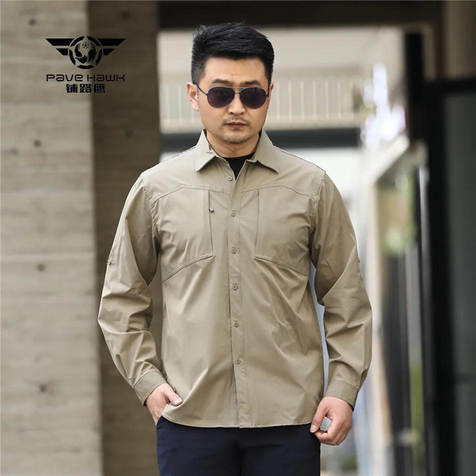 Outdoor Elastic Quick Drying Tactical Shirt Commuting Hunting Hiking Shirt Breathable Wear-resistant Splashproof Sports Shirt