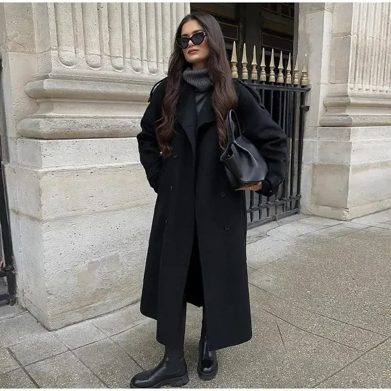 Women Oversize Loose Double Button Lapel Overcoat Fashion Black Woolen Long Coat With Belt Autumn New Street Female Outerwear