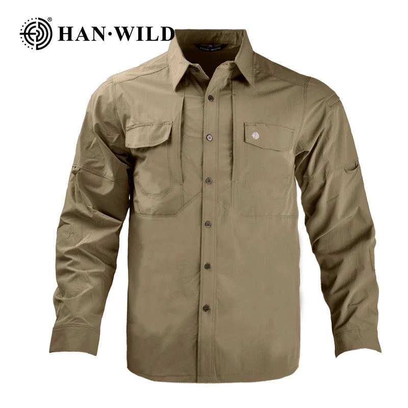 HAN WILD Summer Tactical Shirts Men's Breathable Long Sleeve Multi-Pockets Work Combat Cargo Shirts Quick Dry Camping Clothes