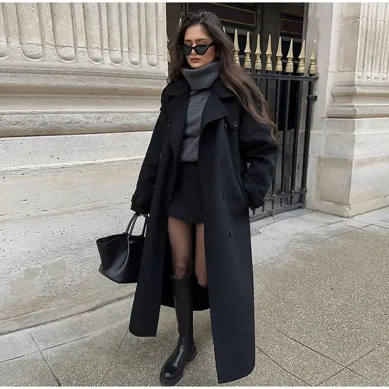 Women Oversize Loose Double Button Lapel Overcoat Fashion Black Woolen Long Coat With Belt Autumn New Street Female Outerwear