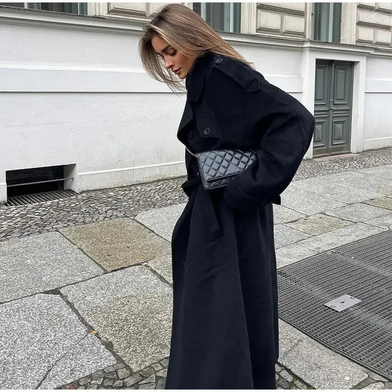 Women Oversize Loose Double Button Lapel Overcoat Fashion Black Woolen Long Coat With Belt Autumn New Street Female Outerwear