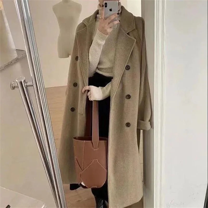 Winter Woolen Coat Women Thicken Long Jacket Casual Loose Fashion Windbreaker Outerwear Female Vintage Oversize Lapel Streetwear