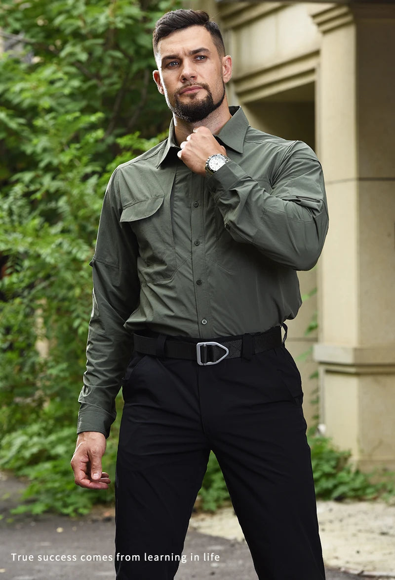 HAN WILD Summer Tactical Shirts Men's Breathable Long Sleeve Multi-Pockets Work Combat Cargo Shirts Quick Dry Camping Clothes