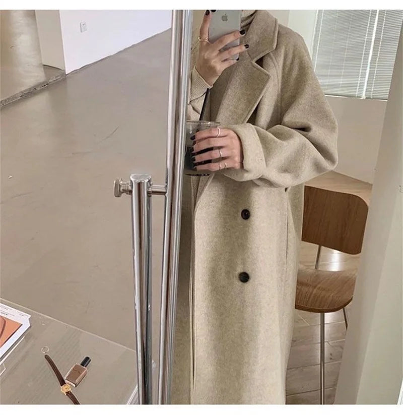 Winter Woolen Coat Women Thicken Long Jacket Casual Loose Fashion Windbreaker Outerwear Female Vintage Oversize Lapel Streetwear