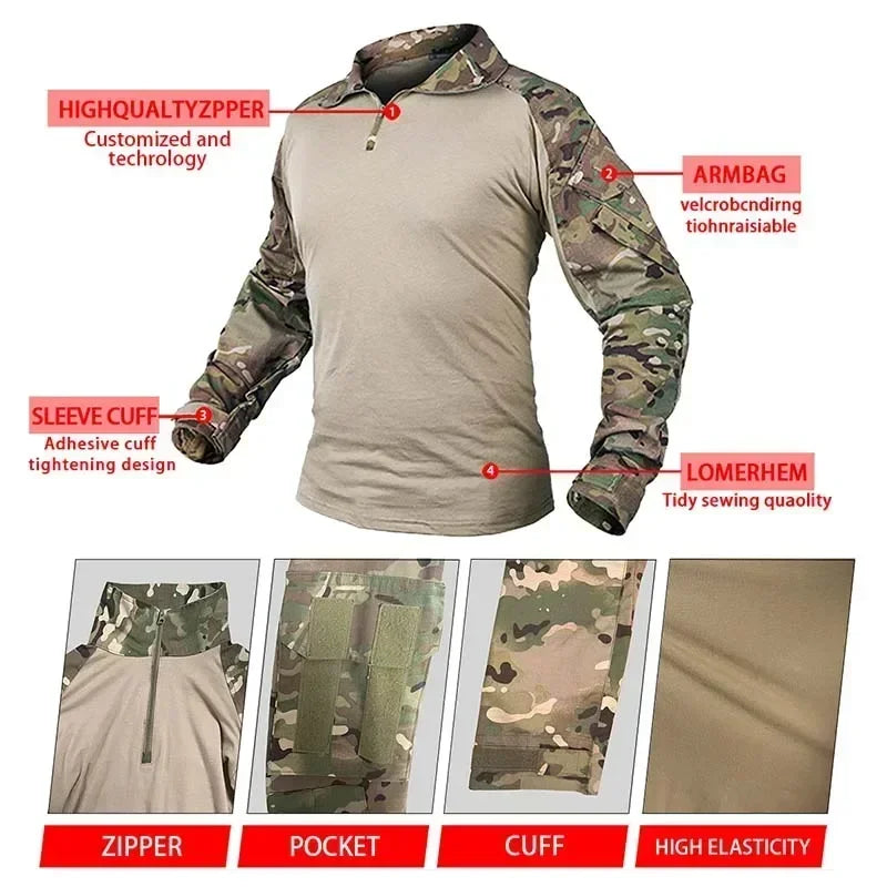 Men's Safari Shirt Outdoor Camouflage Long Sleeve Working Camping Fishing Softair Men Clothing with 1/4 Zipper Hiking Shirts