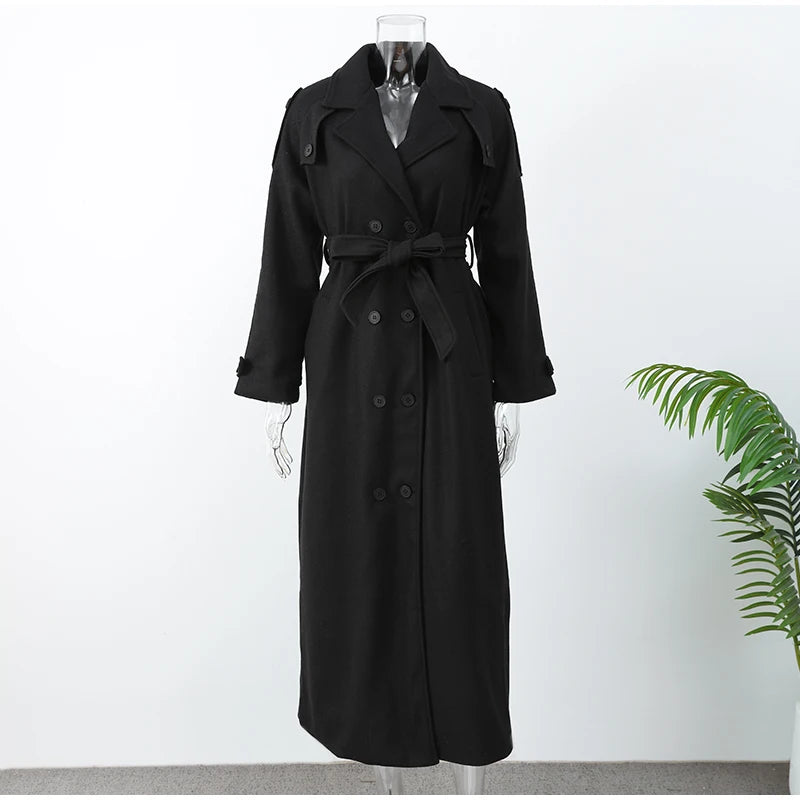 Women Oversize Loose Double Button Lapel Overcoat Fashion Black Woolen Long Coat With Belt Autumn New Street Female Outerwear