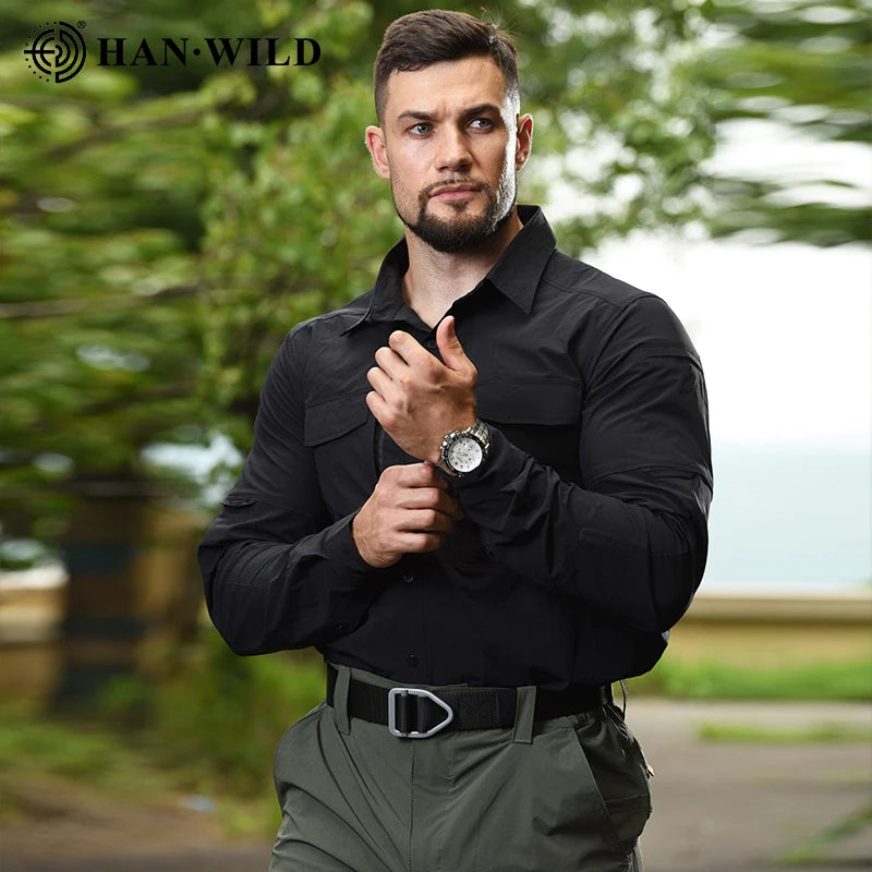 HAN WILD Summer Tactical Shirts Men's Breathable Long Sleeve Multi-Pockets Work Combat Cargo Shirts Quick Dry Camping Clothes