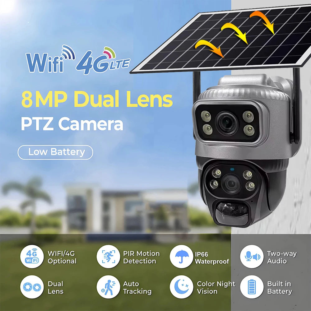 V380 Dual Lens 4G Camera Solar PIR Human Detection Night Vision Waterproof Security Video IP Camara 8MP 4K Battery CCTV Monitor