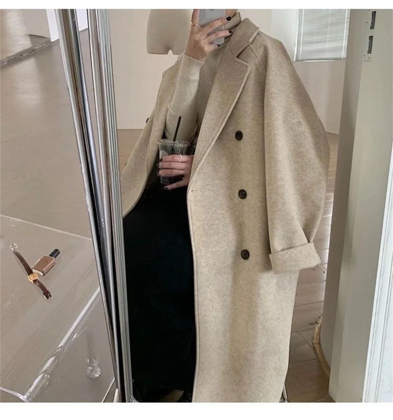 Winter Woolen Coat Women Thicken Long Jacket Casual Loose Fashion Windbreaker Outerwear Female Vintage Oversize Lapel Streetwear
