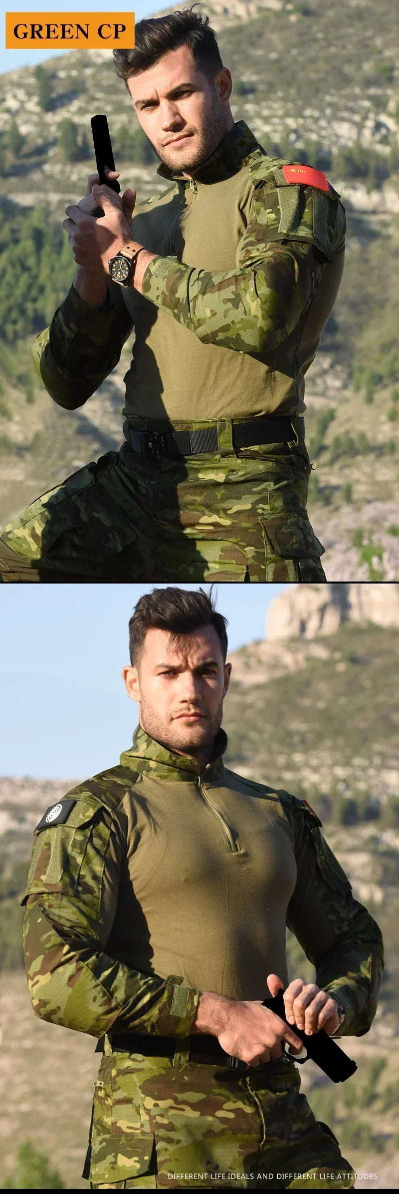 Men's Safari Shirt Outdoor Camouflage Long Sleeve Working Camping Fishing Softair Men Clothing with 1/4 Zipper Hiking Shirts