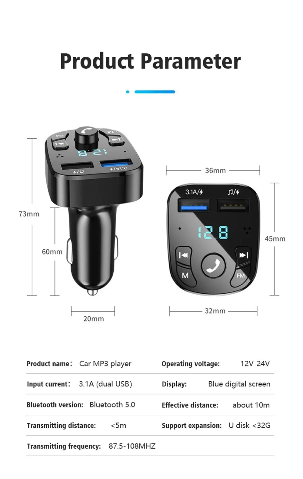 3.1A FM Transmitter Wireless Bluetooth 5.0 Car MP3 Player Dual USB Fast Charging Adapter in Car Noise Reduction Audio Receiver