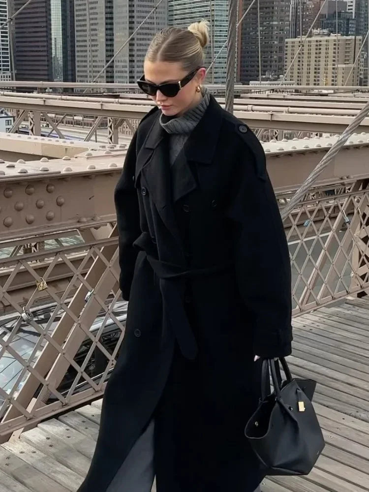 Women Oversize Loose Double Button Lapel Overcoat Fashion Black Woolen Long Coat With Belt Autumn New Street Female Outerwear