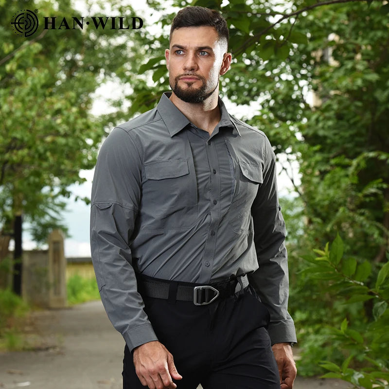 HAN WILD Summer Tactical Shirts Men's Breathable Long Sleeve Multi-Pockets Work Combat Cargo Shirts Quick Dry Camping Clothes